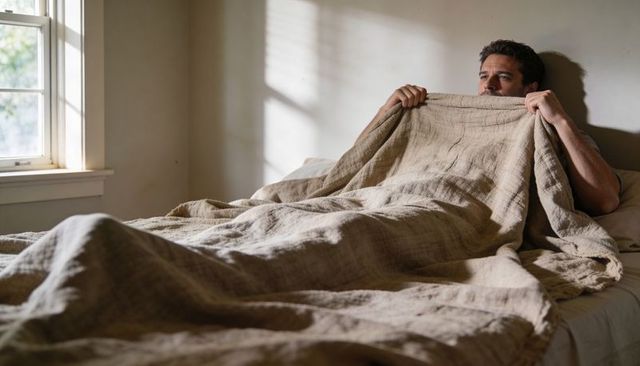 Man clutching blanket in sunlit minimalist bedroom, contemplative cozy morning with soft light