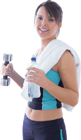 Woman Exercising with Dumbbell Holding Water Bottle Transparent Background