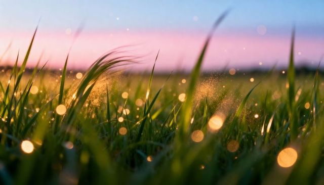 Swaying dew-kissed grass blades catching golden light and scattering bokeh at dawn