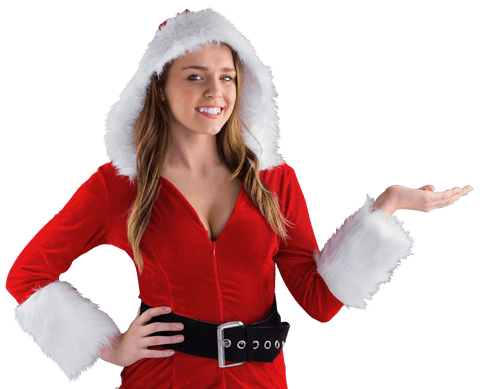 Smiling Woman in Christmas Suit on Transparent Background