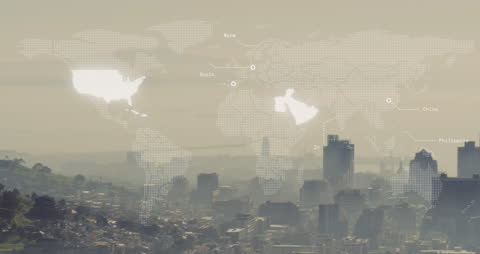 Global Digital Map Overlaying Urban Skyline