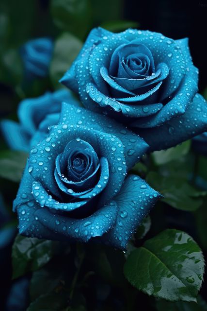 Blue roses adorned with glistening dewdrops, captured in a natural garden setting. Ideal for use in nature-themed articles, floral blogs, gardening magazines, or romantic-themed content.