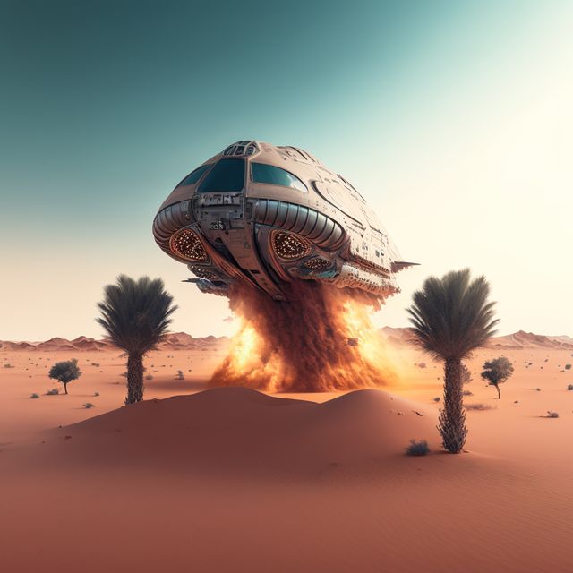 Futuristic Spaceship Landing in Desert Landscape at Sunset - Download Free Stock Images Pikwizard.com