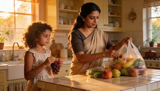 Indian mother wearing sari unpacking groceries while daughter holding grapes in kitchen