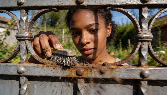 Young woman cleaning rusted wrought iron gate with wire brush, outdoor garden restoration