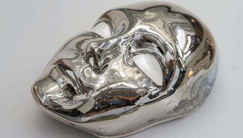 Mirrored chrome face mask reflecting distorted shapes minimalist metallic sculpture studio