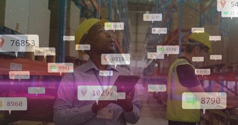Warehouse staff checking inventory using tablet and scanner with AR data overlays