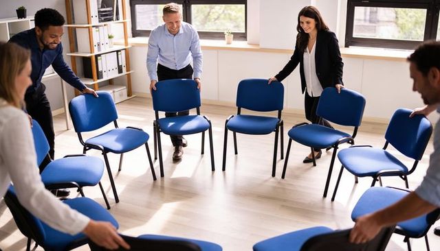 Diverse colleagues arranging blue chairs in circle for collaborative team meeting