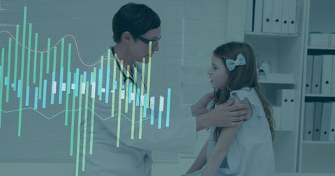 Pediatric doctor examining young girl with health data visualization