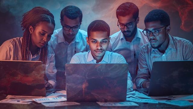 Dynamic Team Collaborating on Tech Projects with Laptops