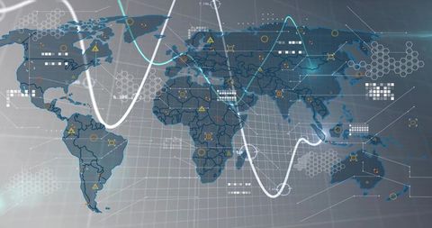 Holographic world map with neon trend lines, data nodes and hexagon overlays for analytics