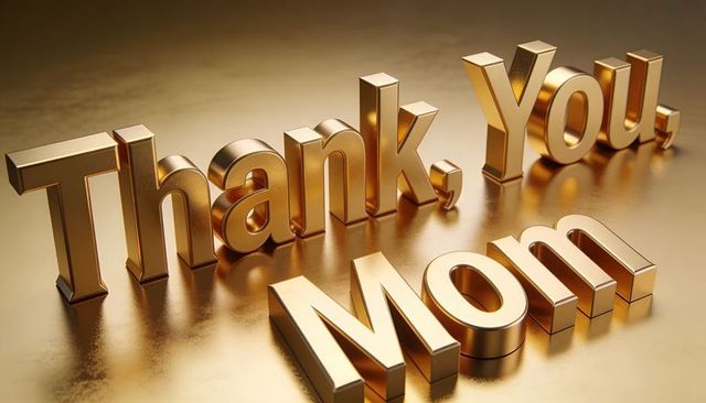 Golden 3d thank you mom lettering on reflective surface celebrating mother's day