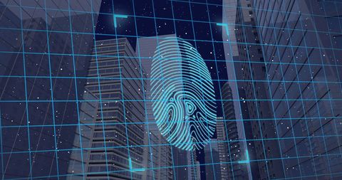 Digital Fingerprint Security Overlay on Night Cityscape