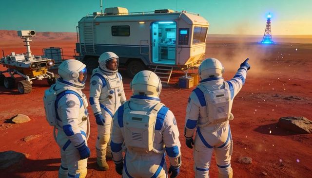 Mars Crew Conducting Briefing Near Mobile Habitat and Rover with Distant Beacon