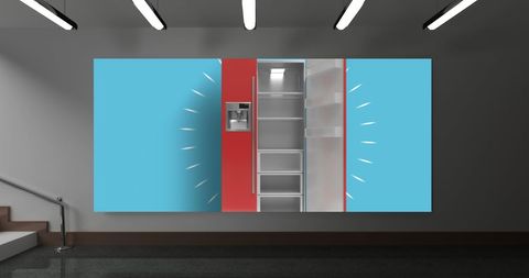Modern Open Refrigerator with Blue Backdrop in Minimalist Room - Download Free Stock Images Pikwizard.com