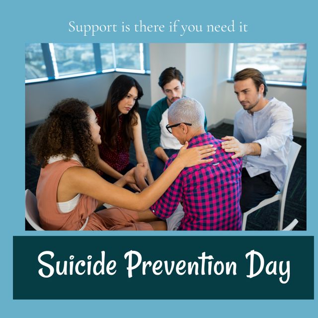 Composite of multiracial people consoling woman in support group, support is there if your need it. Text, world suicide prevention day, therapy, mental health, depression, protection, awareness.