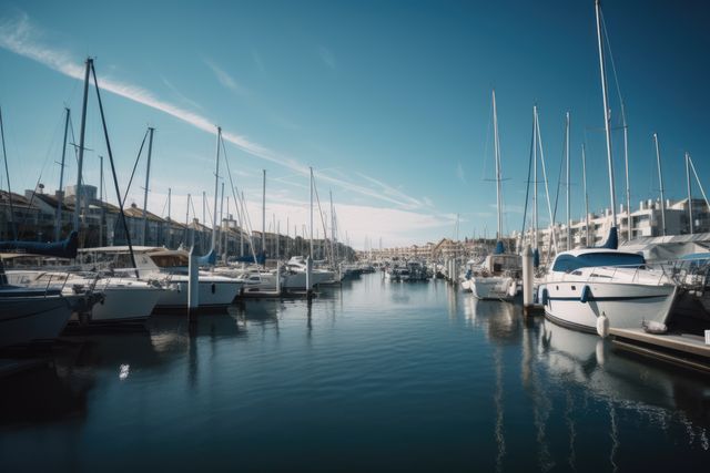 Collection of various sailboats and yachts peacefully moored in a marina on a sunny day with a clear blue sky, reflecting on calm waters. Ideal for use in travel brochures, promotional materials for coastal real estate, and maritime blogs.
