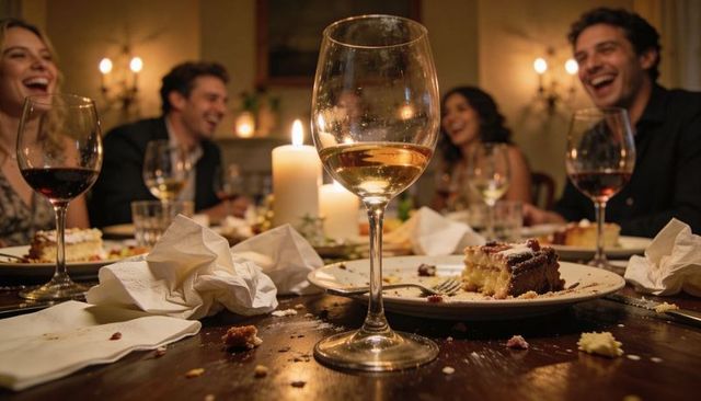 Friends enjoying cozy candlelit dinner after dessert with wine glass in foreground