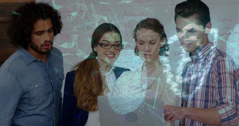 Diverse Team Collaborating on Digital Project Overlapping with Connectivity Graphics