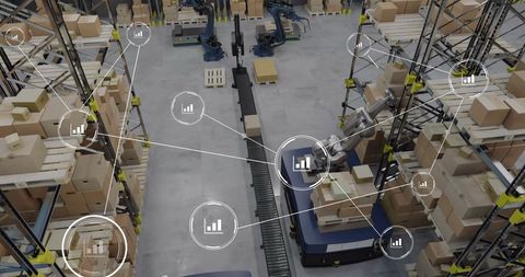 Futuristic networked robotic warehouse with icon displays