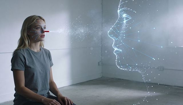Woman sitting in studio undergoing facial scanning with holographic wireframe and probe