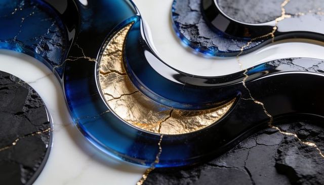 Glossy deep-blue resin crescent with gold kintsugi veins on marble abstract luxury design