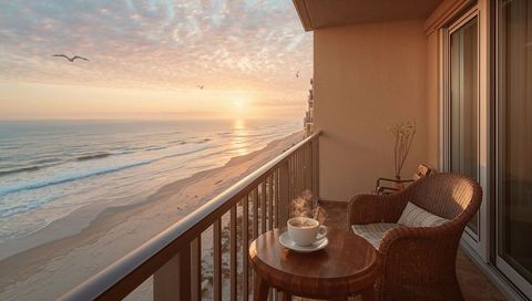 Cozy Balcony Overlooking Sunrise Beach with Wicker Armchair and Steaming Coffee Cup