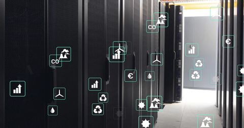 Eco-friendly data center with sustainability infographics