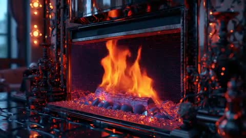 Warm Glowing Flames in Rustic Iron Fireplace