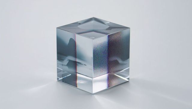 Crystal glass cube displaying prism refraction and caustic light on minimalist surface