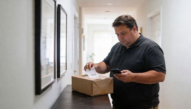 Man checking shipping label with smartphone on hallway console while receiving package