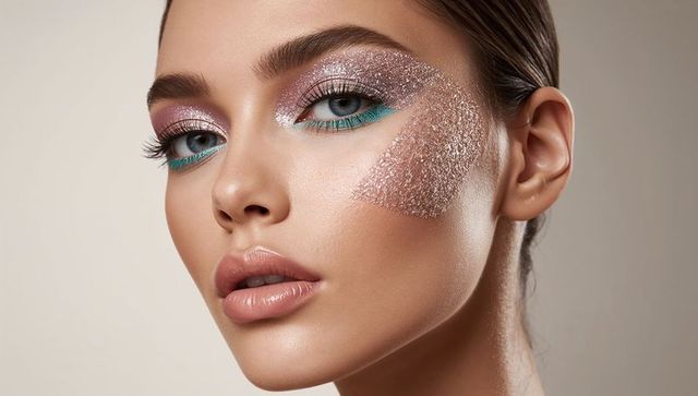 Closeup Female Model Wearing Metallic Glitter Cheek Art and Teal Eyeliner, Dewy Skin
