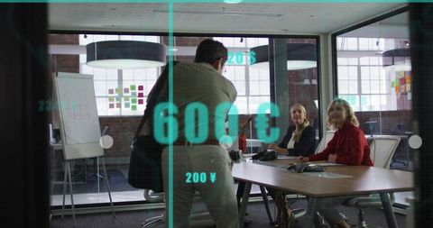 Glass boardroom collaboration with data overlay showing colleague entering presentation