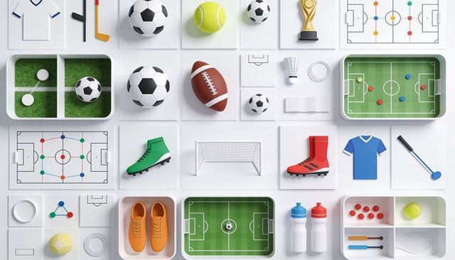 Organized sports gear flatlay on white grid with soccer balls, trophy and miniature fields