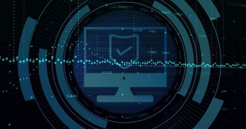 Futuristic cybersecurity hud with shielded monitor, data waveform and encryption analytics