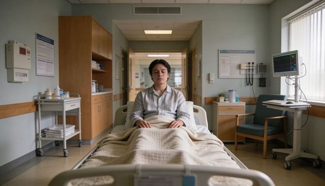 Serene young adult male patient resting on hospital bed near vital signs monitor