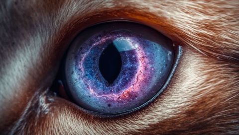 Feline eye revealing galaxy nebula in macro close-up, colorful cosmic iris detail