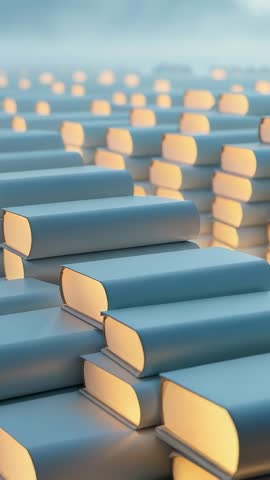 Panning vertical shot through stacked blue books with glowing yellow edges in mist