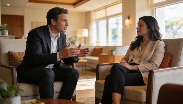 Executive discussing strategy with colleague in modern lounge, man gesturing