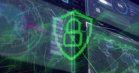 Digital shield with padlock in futuristic network interface