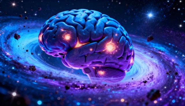 Neon Cosmic Brain with Glowing Neural Nodes Floating in Spiral Galaxy Nebula