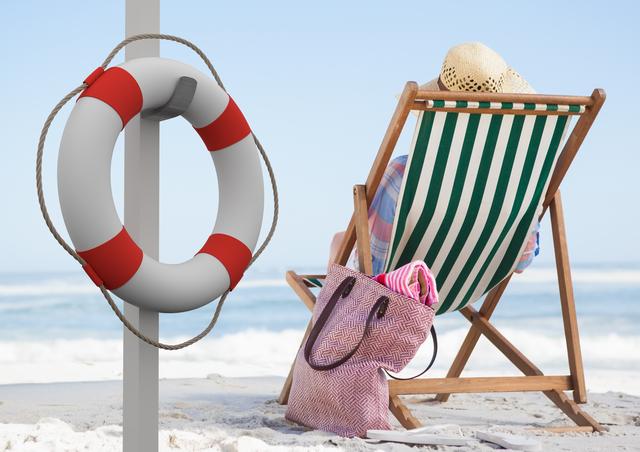 Digital composite image of lifebuoy hanging on pole with woman relaxing on beach in background