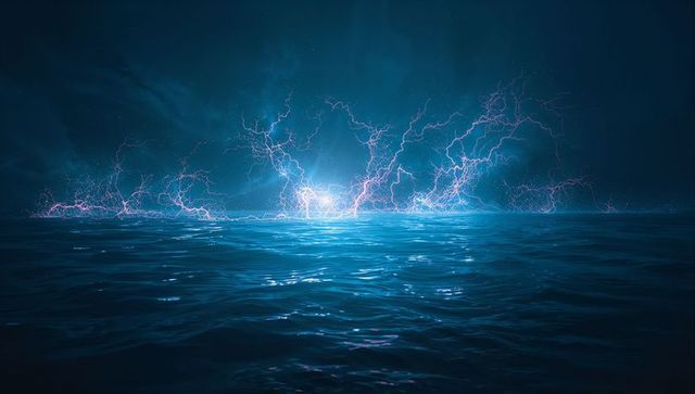 Dramatic lightning storm over ocean at night