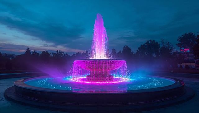 Illuminated Fountain Display with Colorful LED Lights at Dusk in Urban Plaza