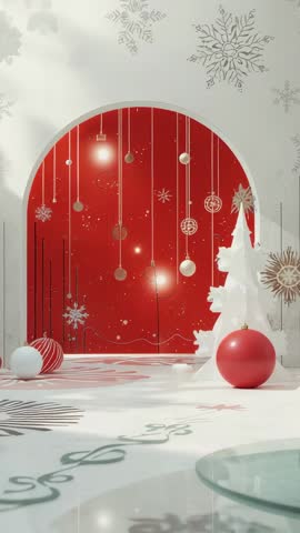 Vertical Holiday Arch with Pulsing Red Backdrop and Hanging Ornaments for Festive Video