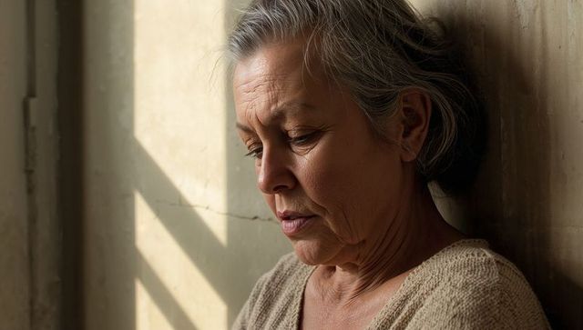 Leaning senior woman gazing down by sunlit window with diagonal shadows and textured wall