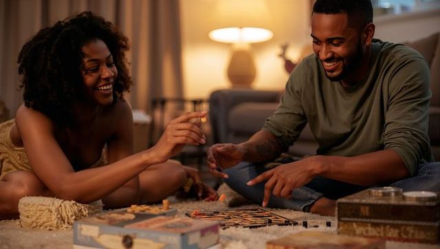Couple laughing and playing board game on plush rug during cozy warm evening at home