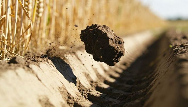 Flying clod of soil hovering over plowed furrow with sunlit wheat stalks