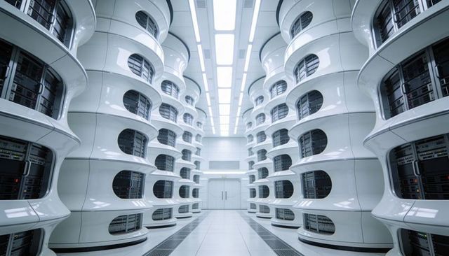 Futuristic cylindrical data center corridor featuring glossy multi-tier server pods for ai