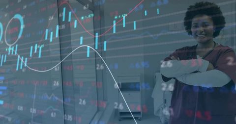 Black nurse standing in clinic with financial charts overlay, healthcare analytics